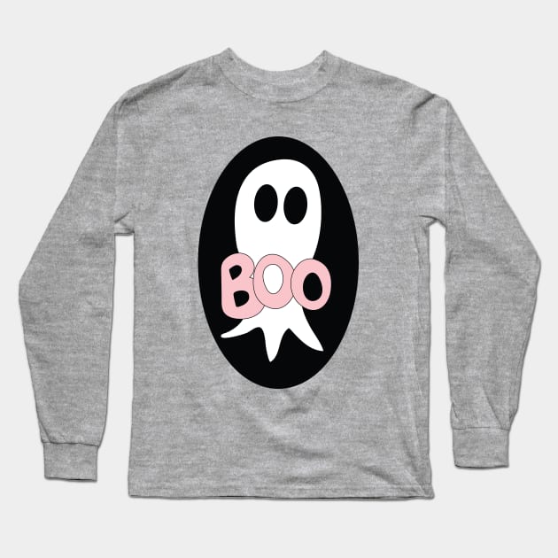 Cute Halloween ghost cartoon with BOO text Long Sleeve T-Shirt by Angel Dawn Design